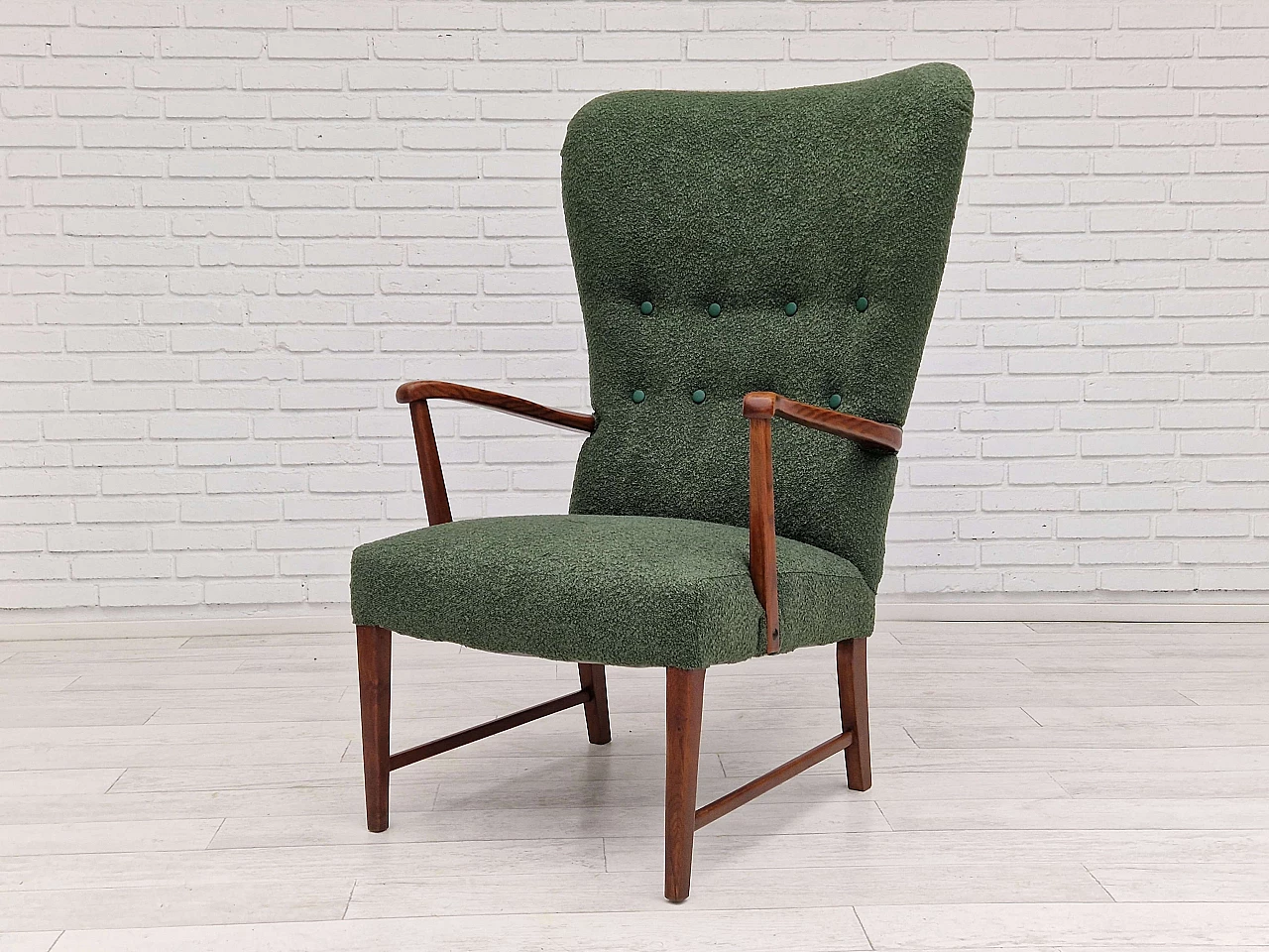 Danish high-backed armchair in stained oak and bottle-green fabric, 1960s 17