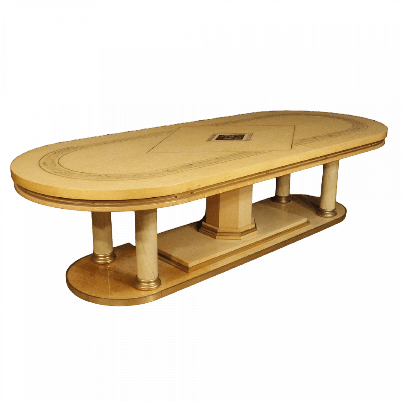 Tavolo in legno esotico, metallo marmorizzato e ottone 13