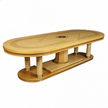 Tavolo in legno esotico, metallo marmorizzato e ottone