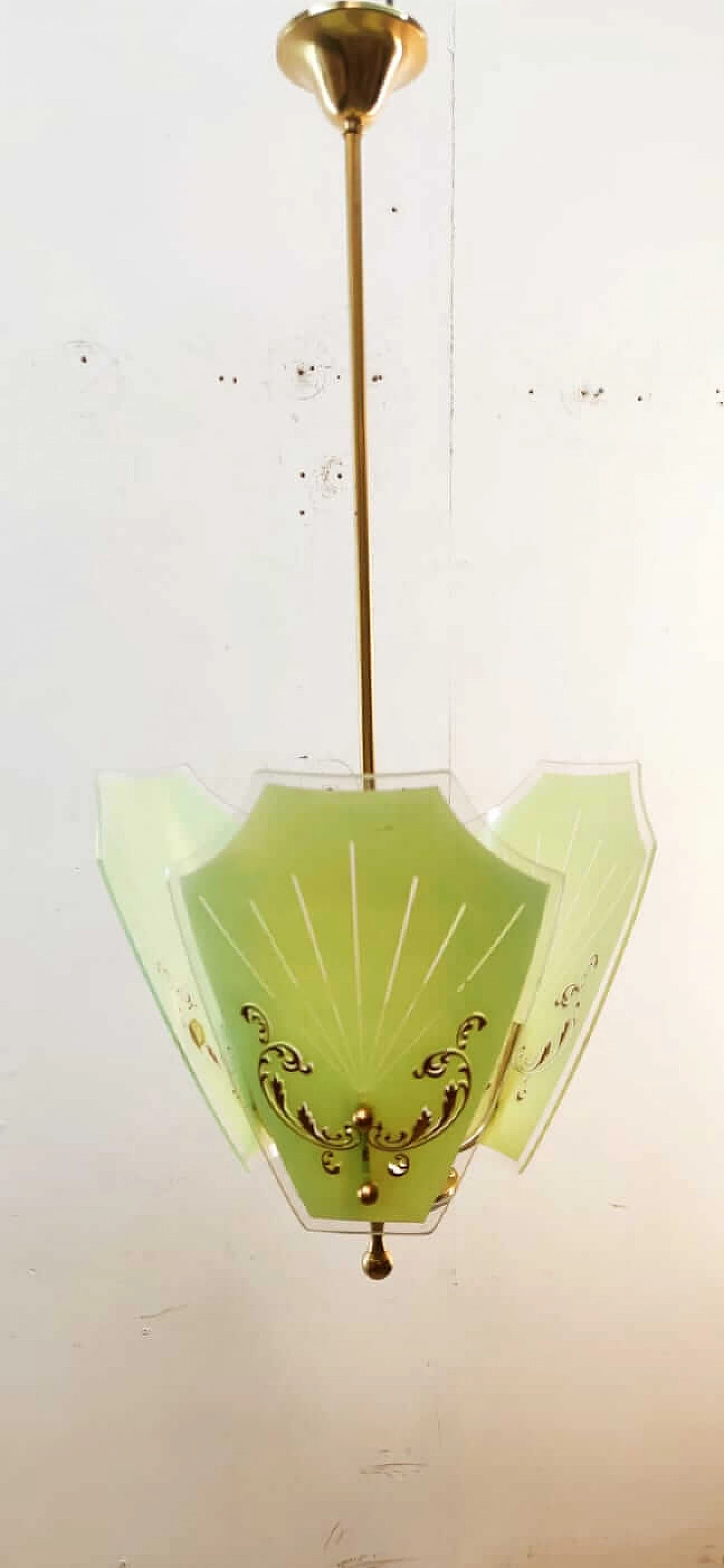 Brass chandelier with decorated glass, 1940s 3