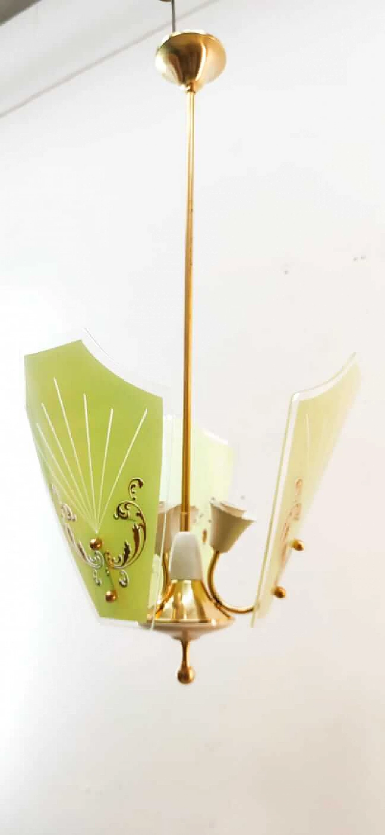 Brass chandelier with decorated glass, 1940s 6