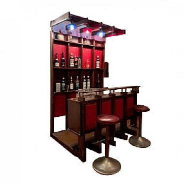 Mobile bar in palissandro con coppia di sgabelli, anni '60