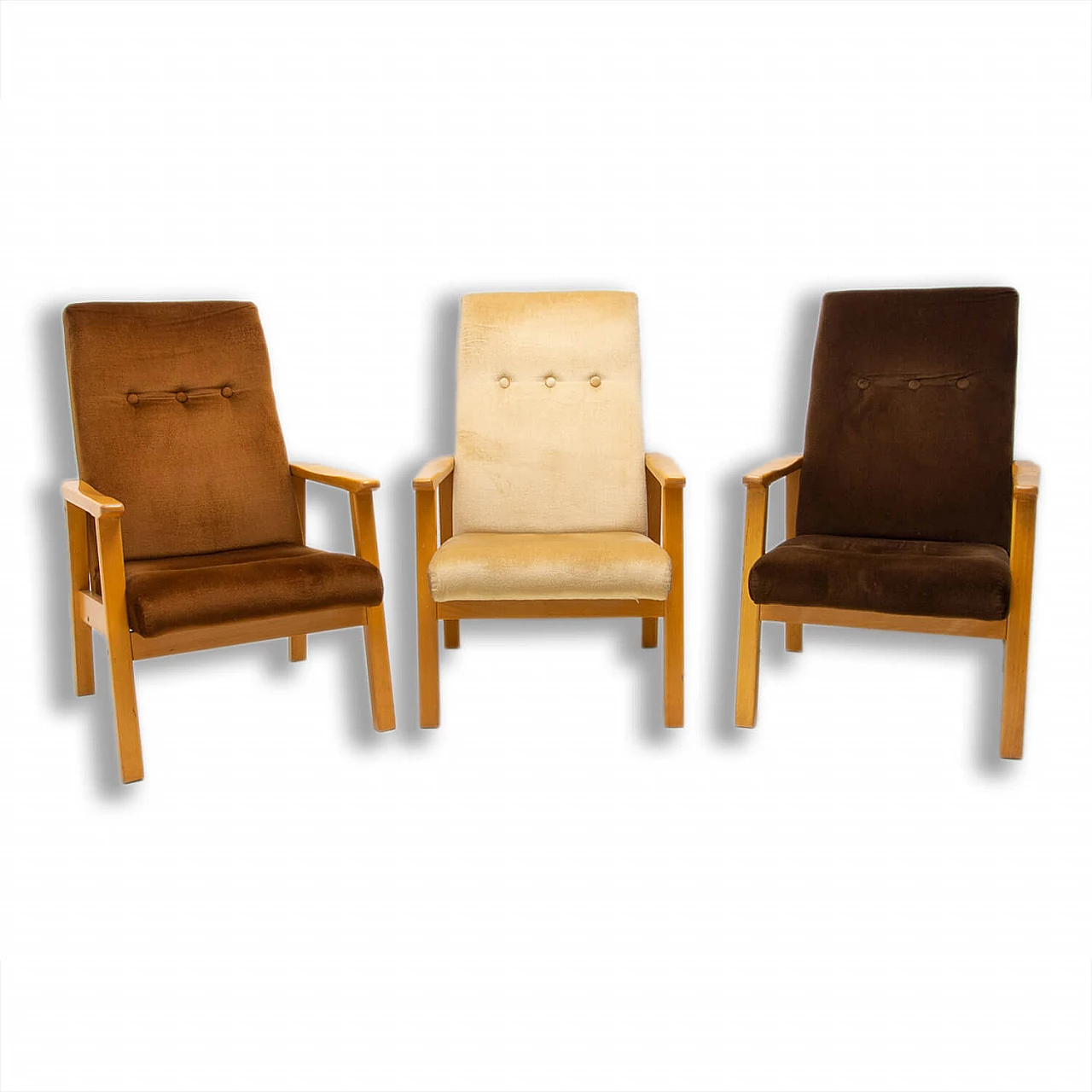 3 Armchairs in beech and brown fabric, 1980s 1