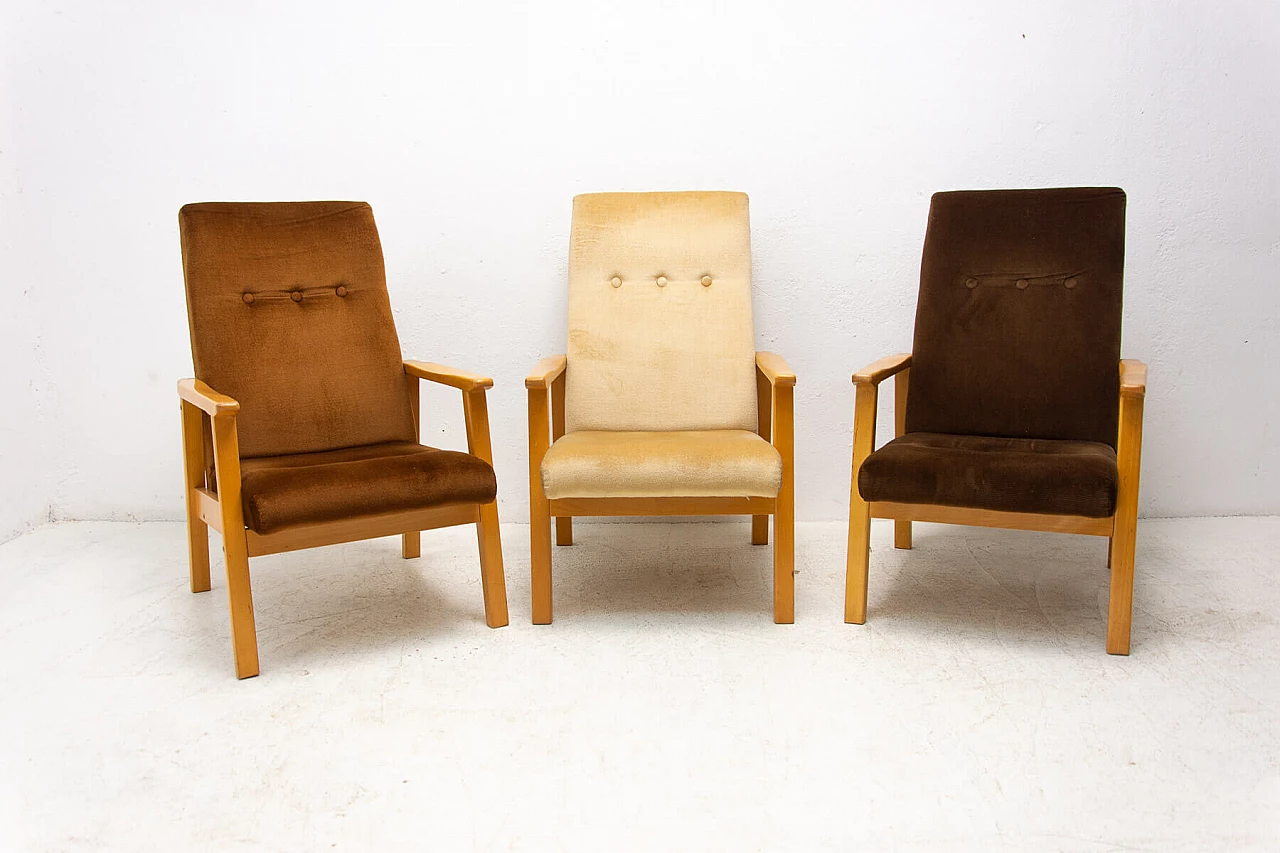 3 Armchairs in beech and brown fabric, 1980s 2