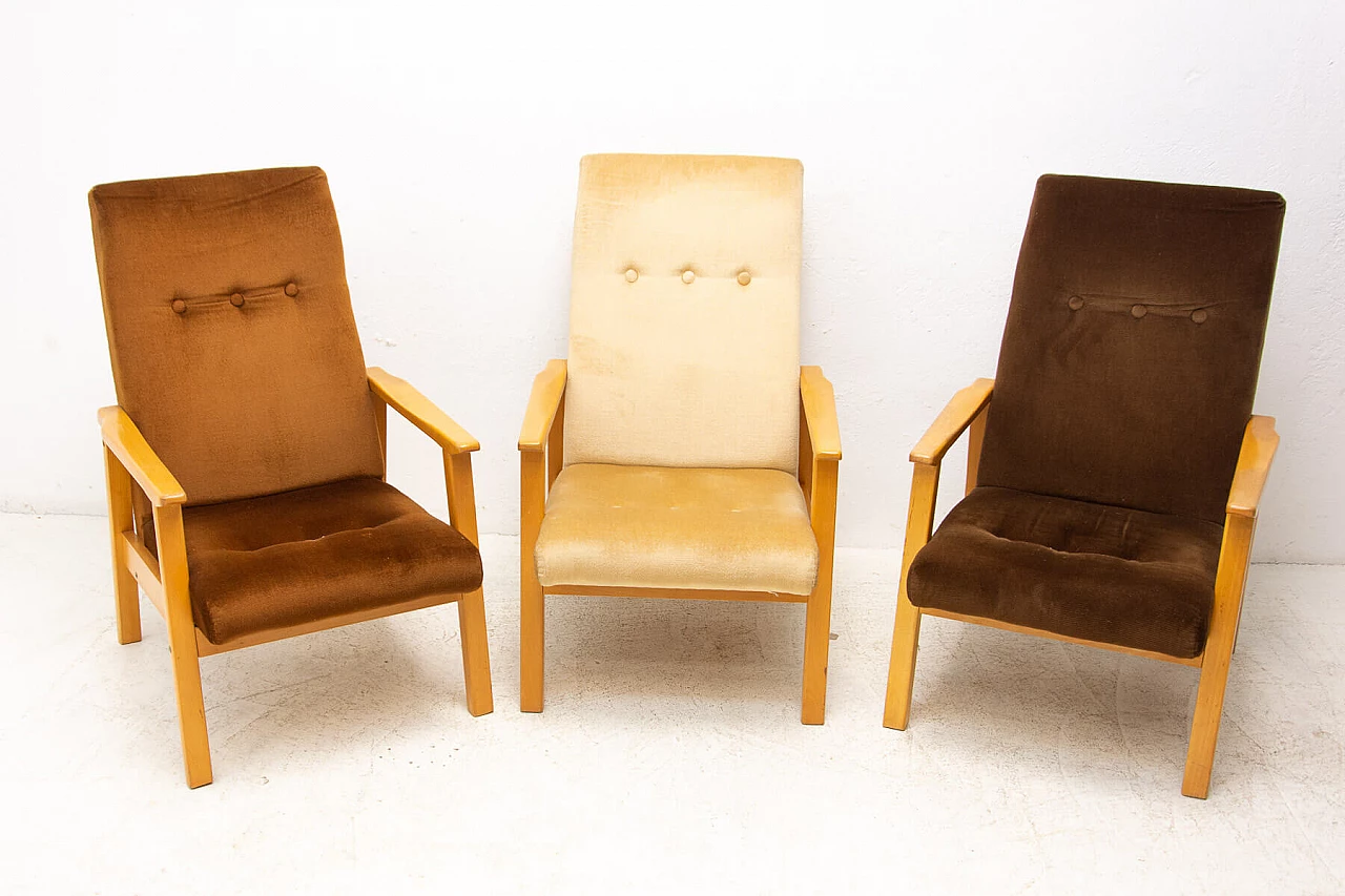 3 Armchairs in beech and brown fabric, 1980s 3