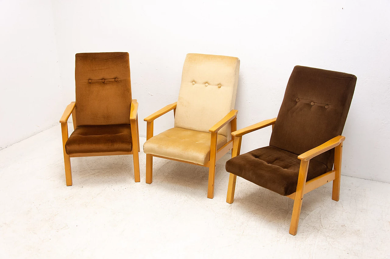 3 Armchairs in beech and brown fabric, 1980s 4
