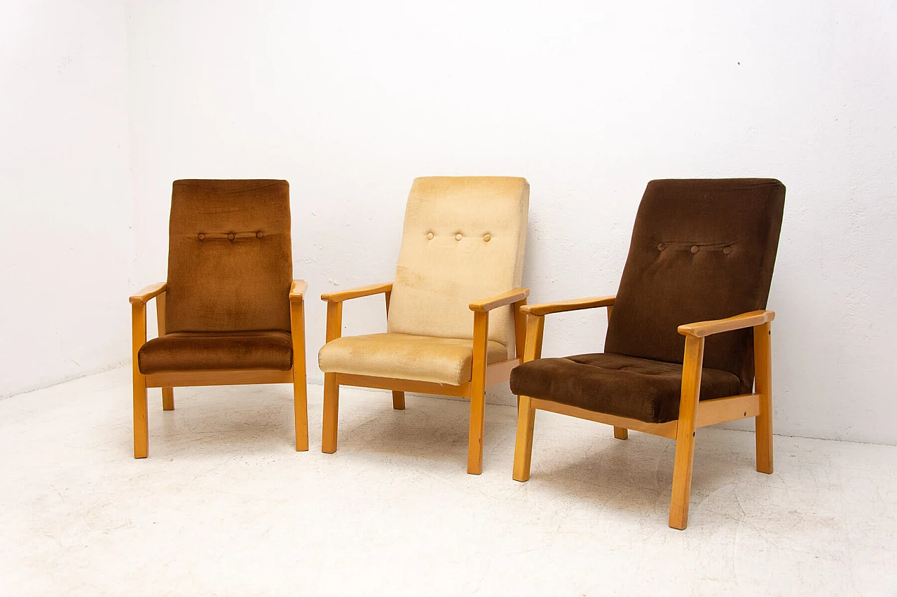 3 Armchairs in beech and brown fabric, 1980s 5