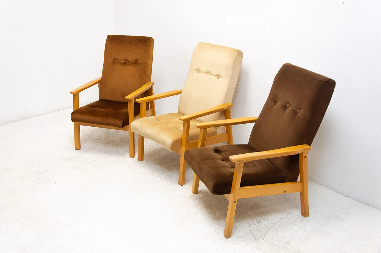 3 Armchairs in beech and brown fabric, 1980s 6