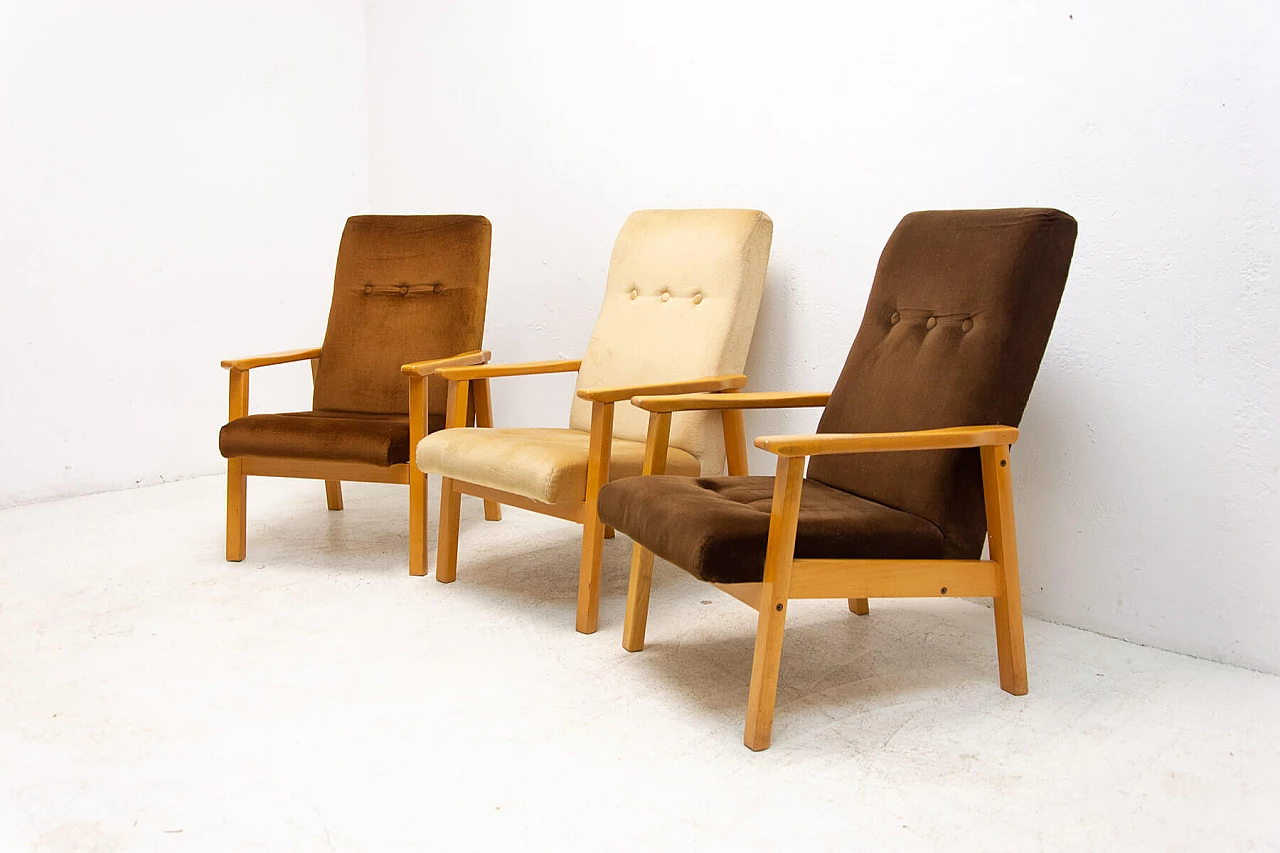 3 Armchairs in beech and brown fabric, 1980s 7
