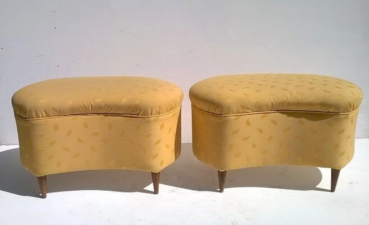 Pair of beech and yellow fabric poufs, 1940s 1
