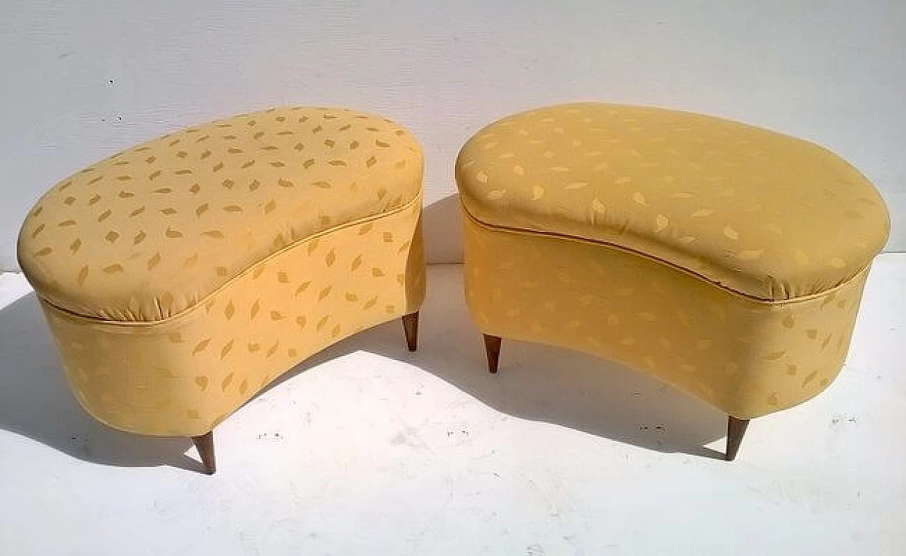 Pair of beech and yellow fabric poufs, 1940s 2