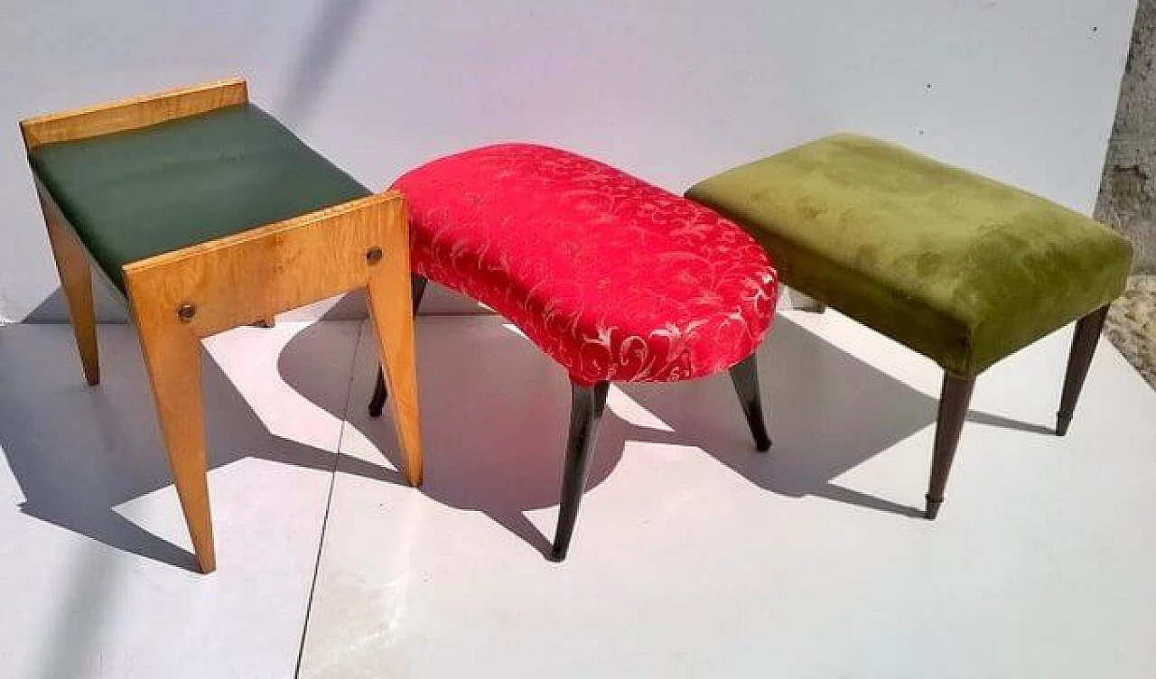 3 Art Deco wood and fabric stools, 1940s 1