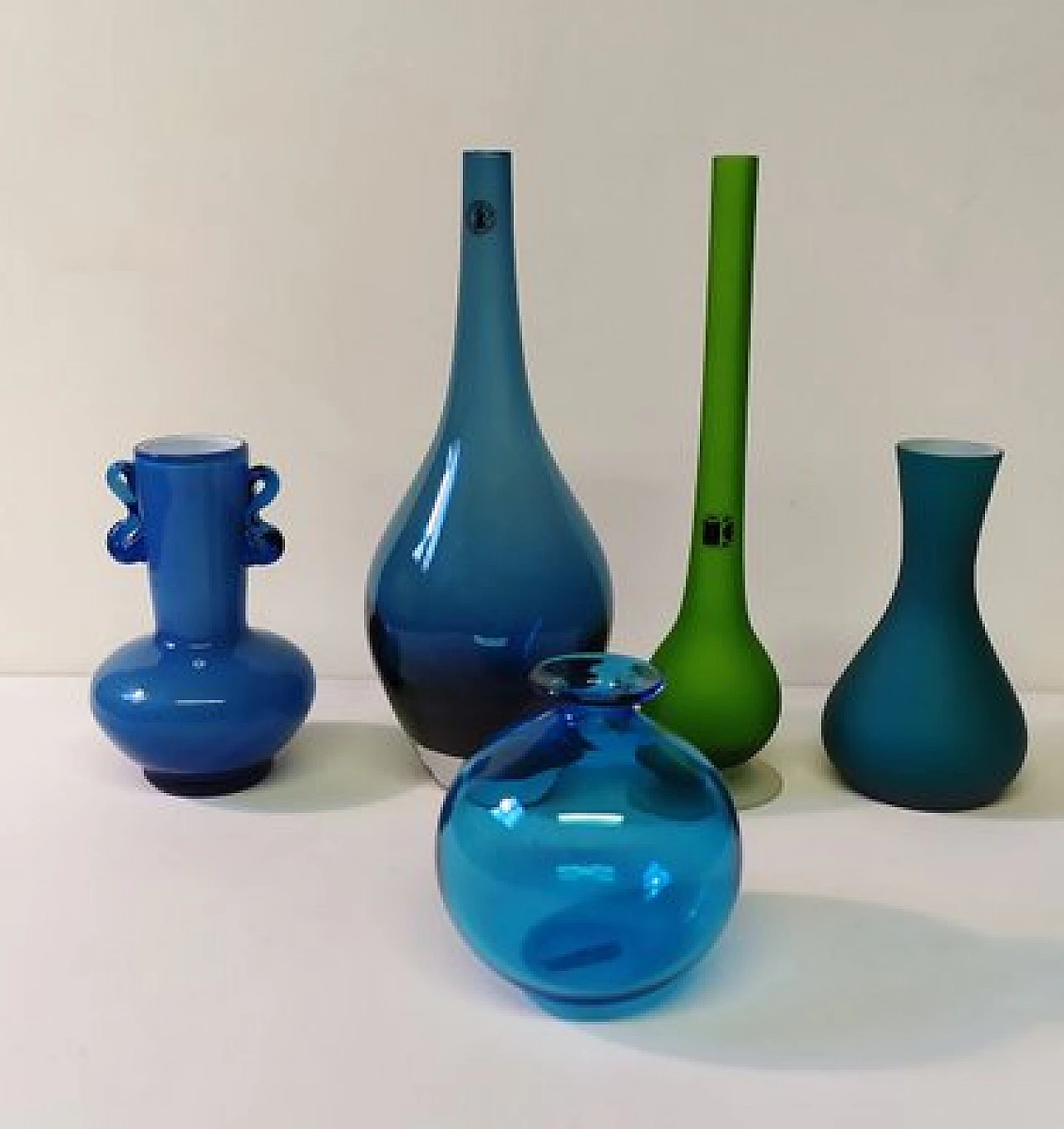 5 Blue and green Murano glass vases, 1960s 1