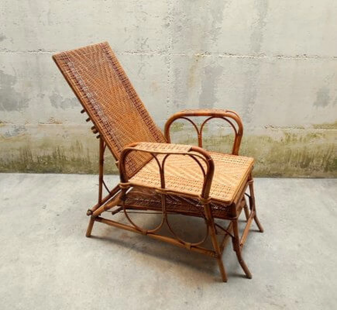 Rattan and malacca recliner armchair with footrest, 1920s 1