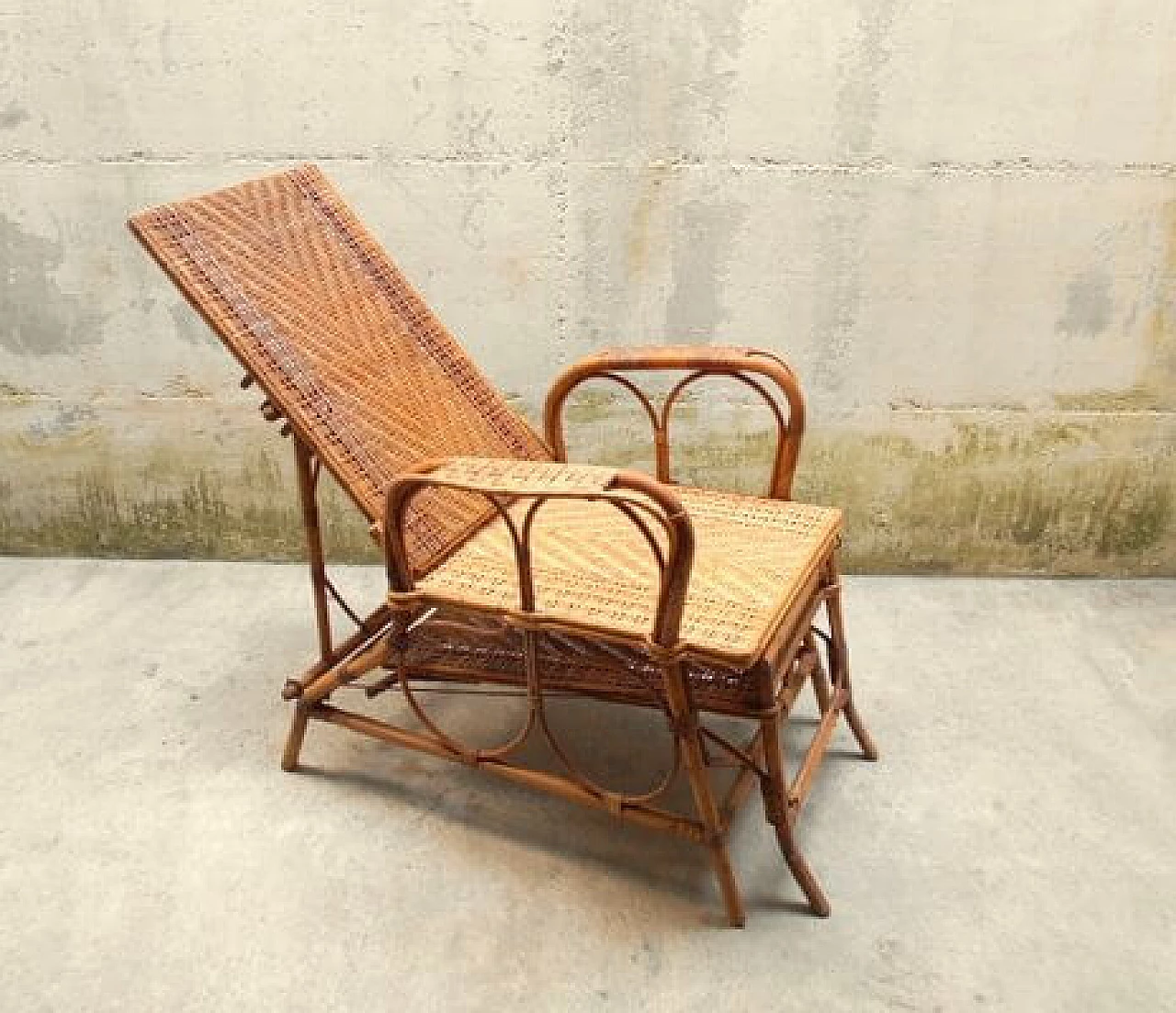 Rattan and malacca recliner armchair with footrest, 1920s 2