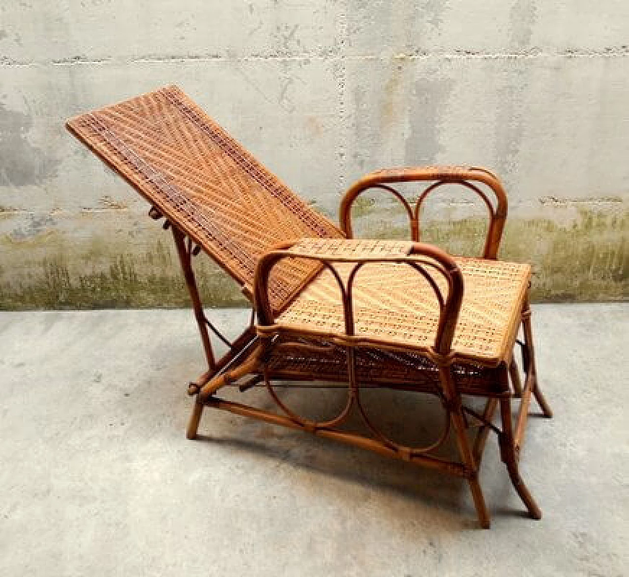 Rattan and malacca recliner armchair with footrest, 1920s 3