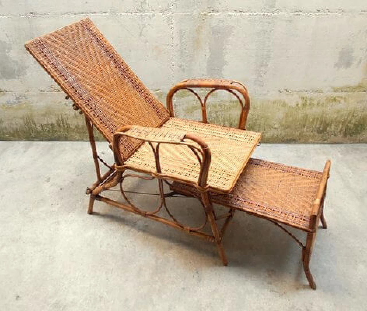 Rattan and malacca recliner armchair with footrest, 1920s 4