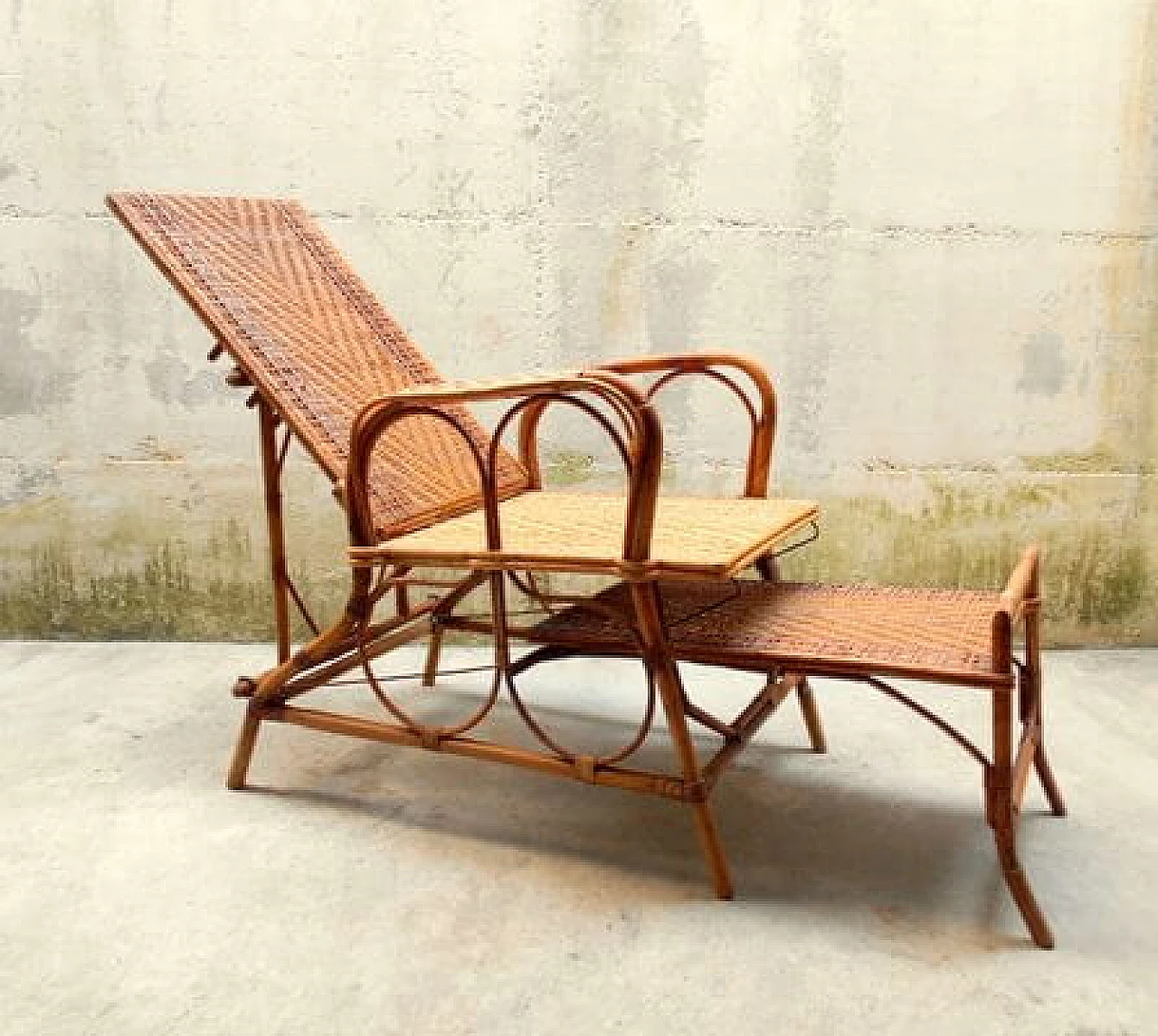 Rattan and malacca recliner armchair with footrest, 1920s 6