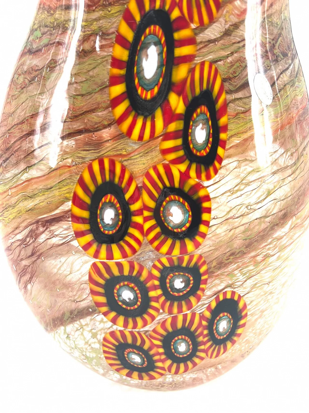 Vaso in vetro di Murano con murrine a strisce gialle, rosse e nere 6