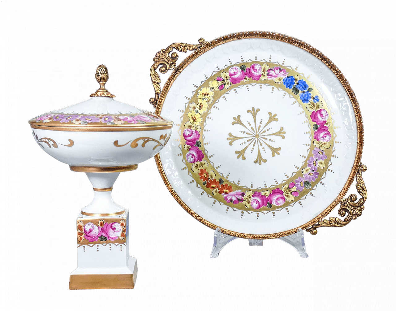 Hand-painted Limoges porcelain serving tray and riser 11