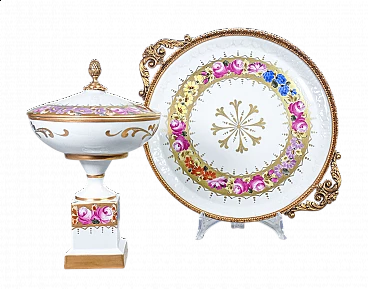Hand-painted Limoges porcelain serving tray and riser