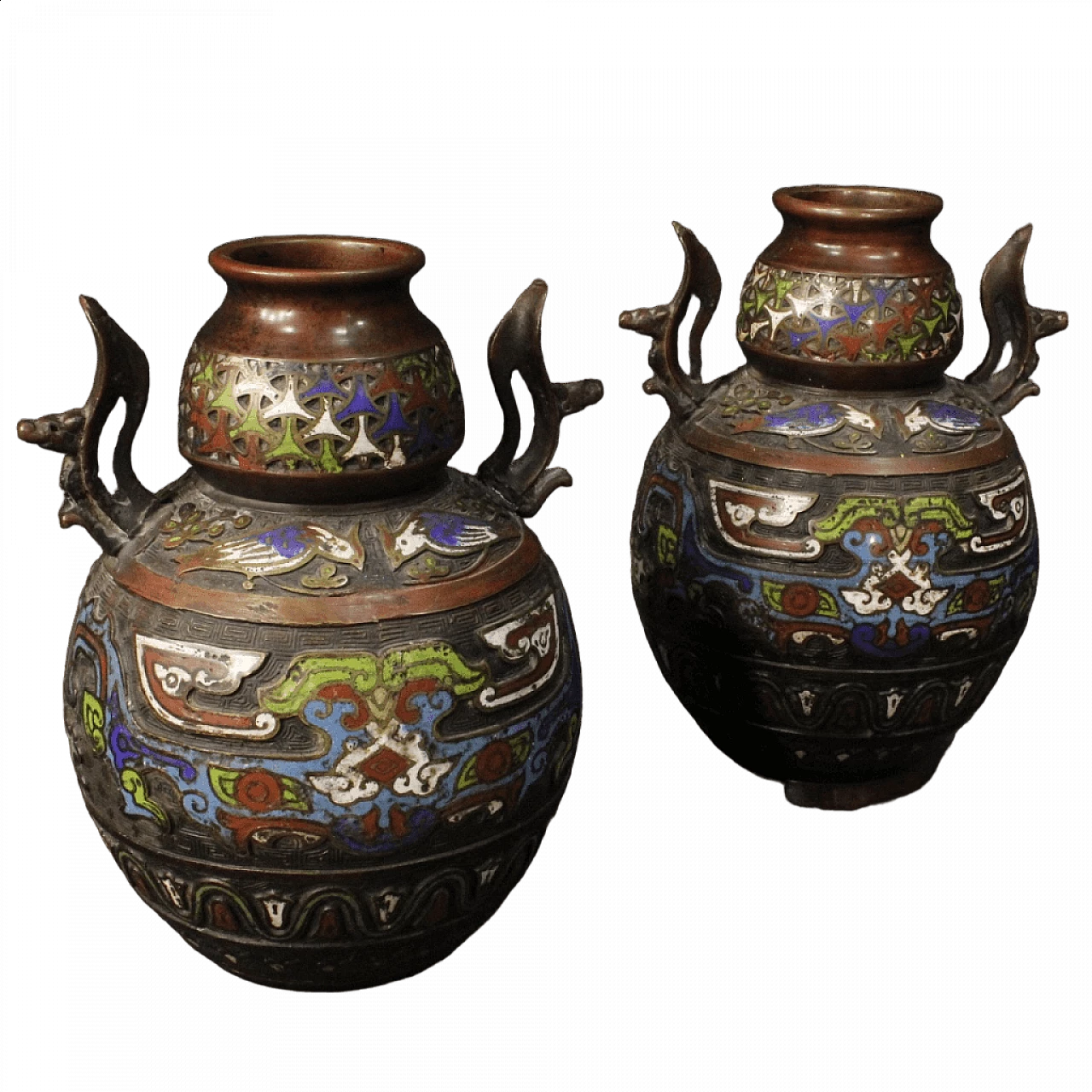 Pair of oriental chiseled metal vases with cloisonné enamels 12
