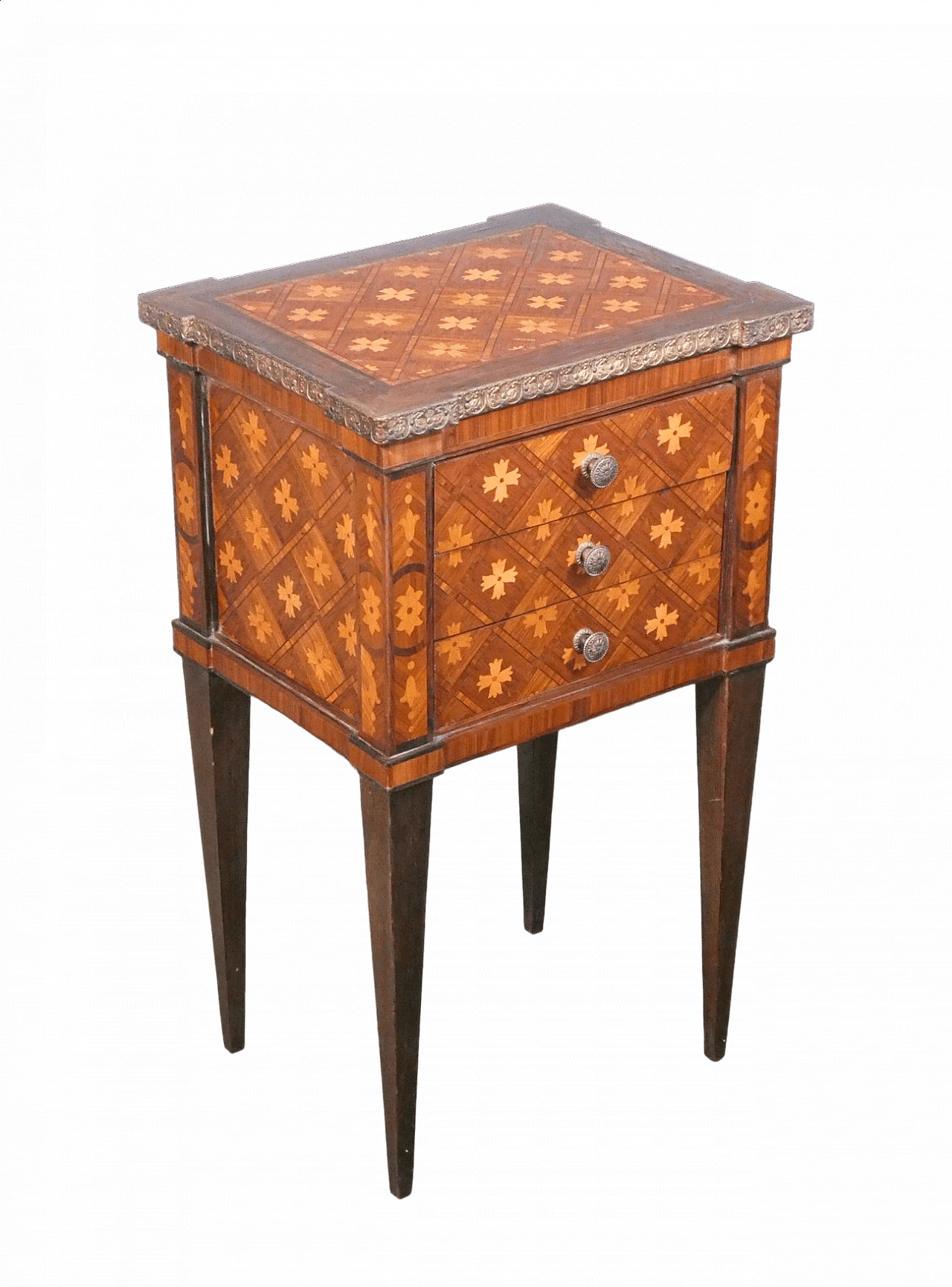 Three-drawer nightstand in inlaid wood in Louis XVI style 9