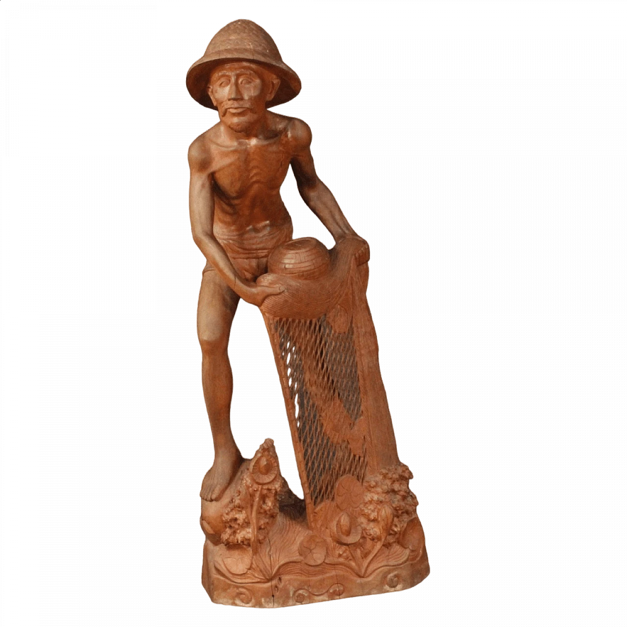 Scultura orientale di pescatore in legno 12