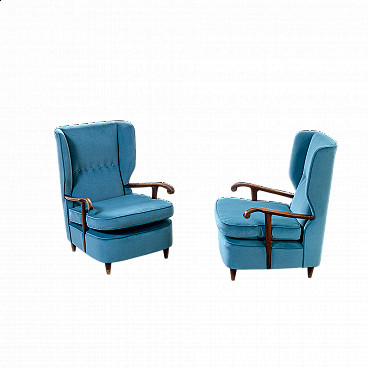 Pair of wood and teal fabric armchairs by Paolo Buffa, 1950s