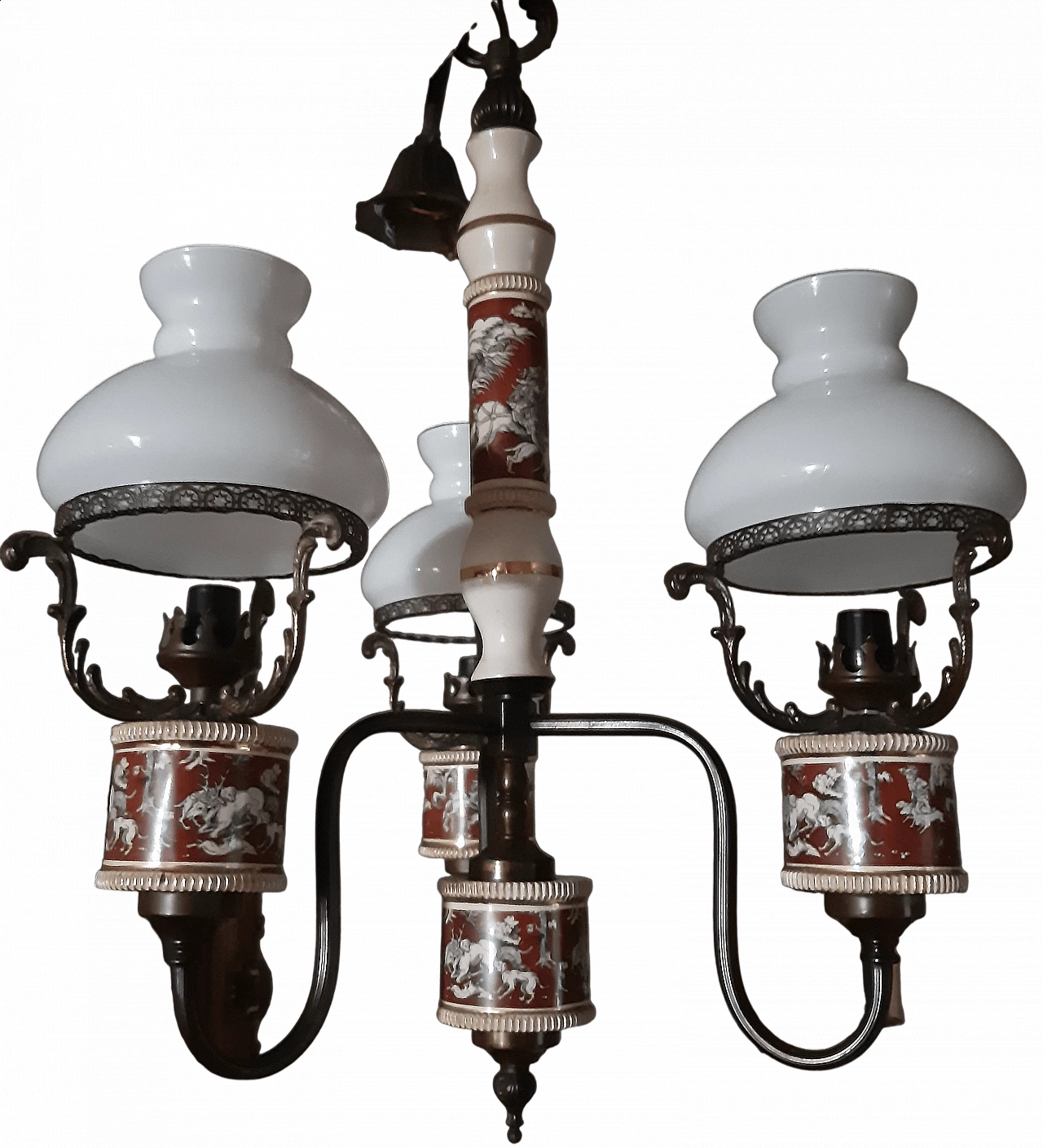 Metal and ceramic chandelier and pair of wall lamps, 1950s 11