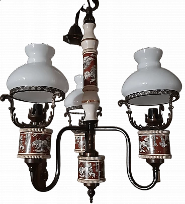 Metal and ceramic chandelier and pair of wall lamps, 1950s