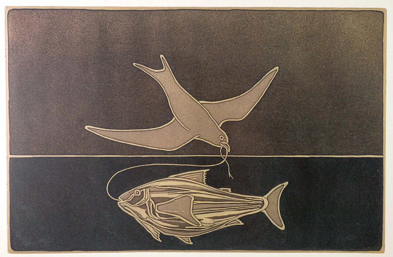 Francesco Casorati, Dove and fish, lithograph 38/200 1