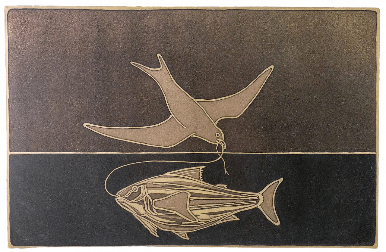Francesco Casorati, Dove and fish, lithograph 38/200 5