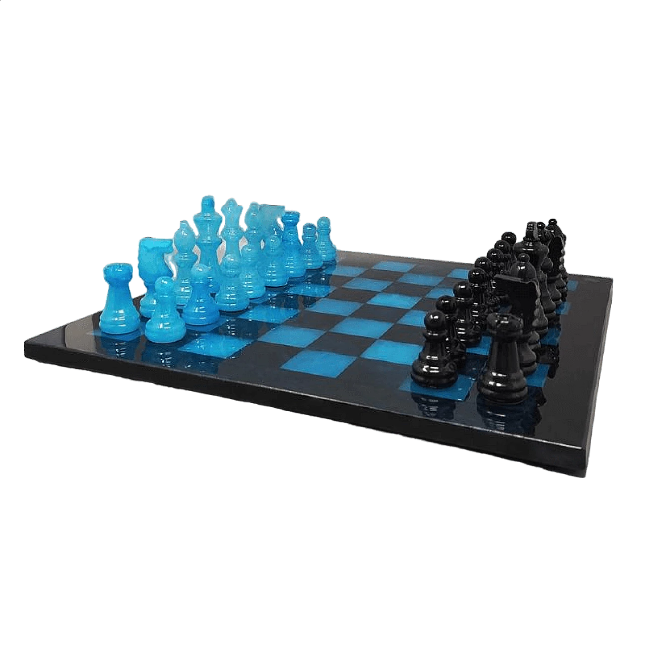 Black and blue Volterra alabaster chessboard and chess pieces, 1970s 12