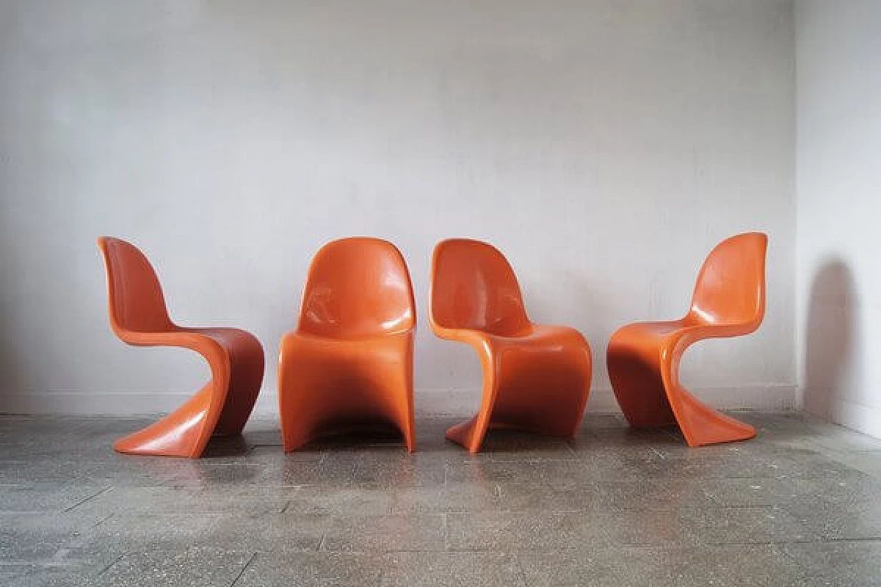 4 Sedie Panton arancioni di Verner Panton per Herman Miller, anni '70 1
