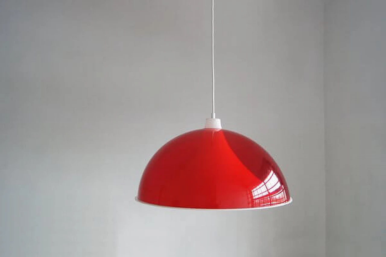 Suspension lamp with red acrylic shade and white diffuser, 1950s 2