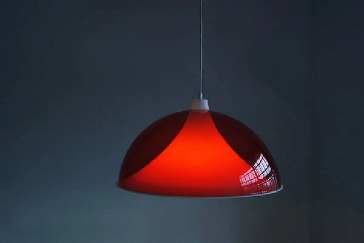 Suspension lamp with red acrylic shade and white diffuser, 1950s 6