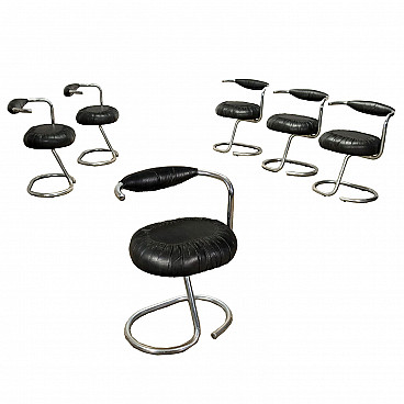 6 Tubular steel chairs with leatherette upholstery, 1970s