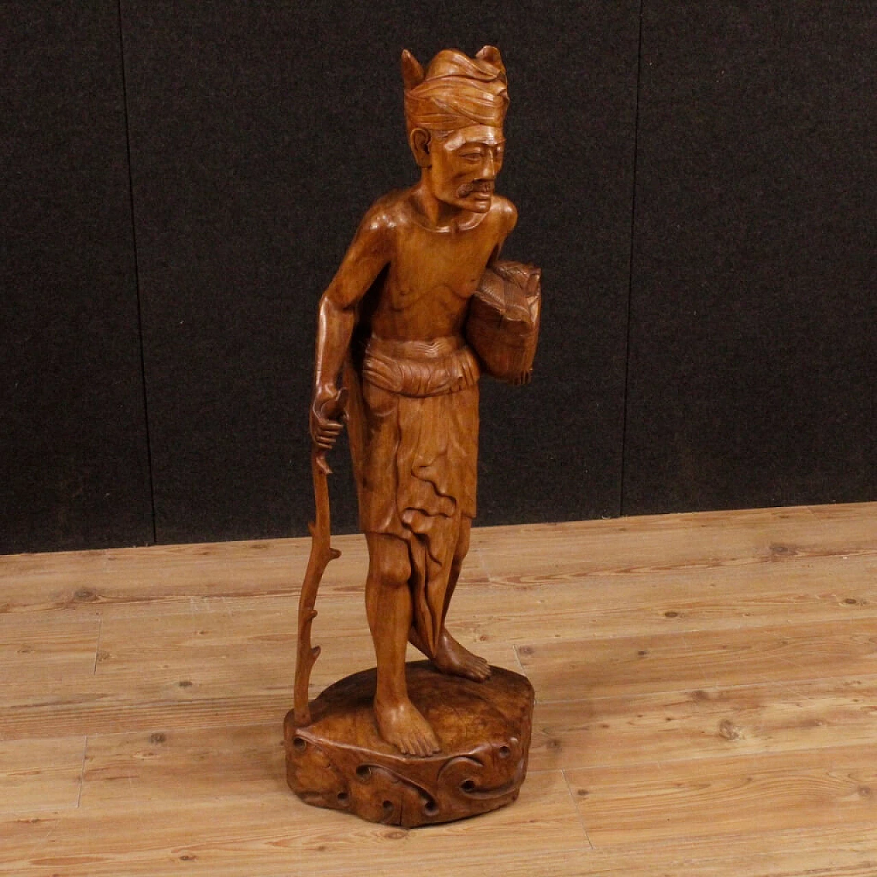 Indian exotic wood carving of character with stick, 1960s 1