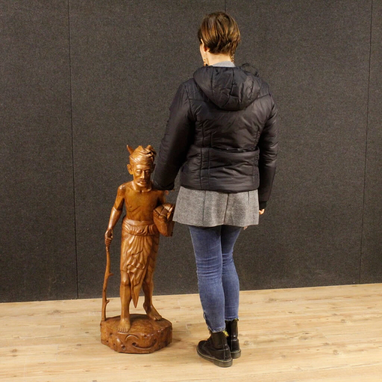 Indian exotic wood carving of character with stick, 1960s 2