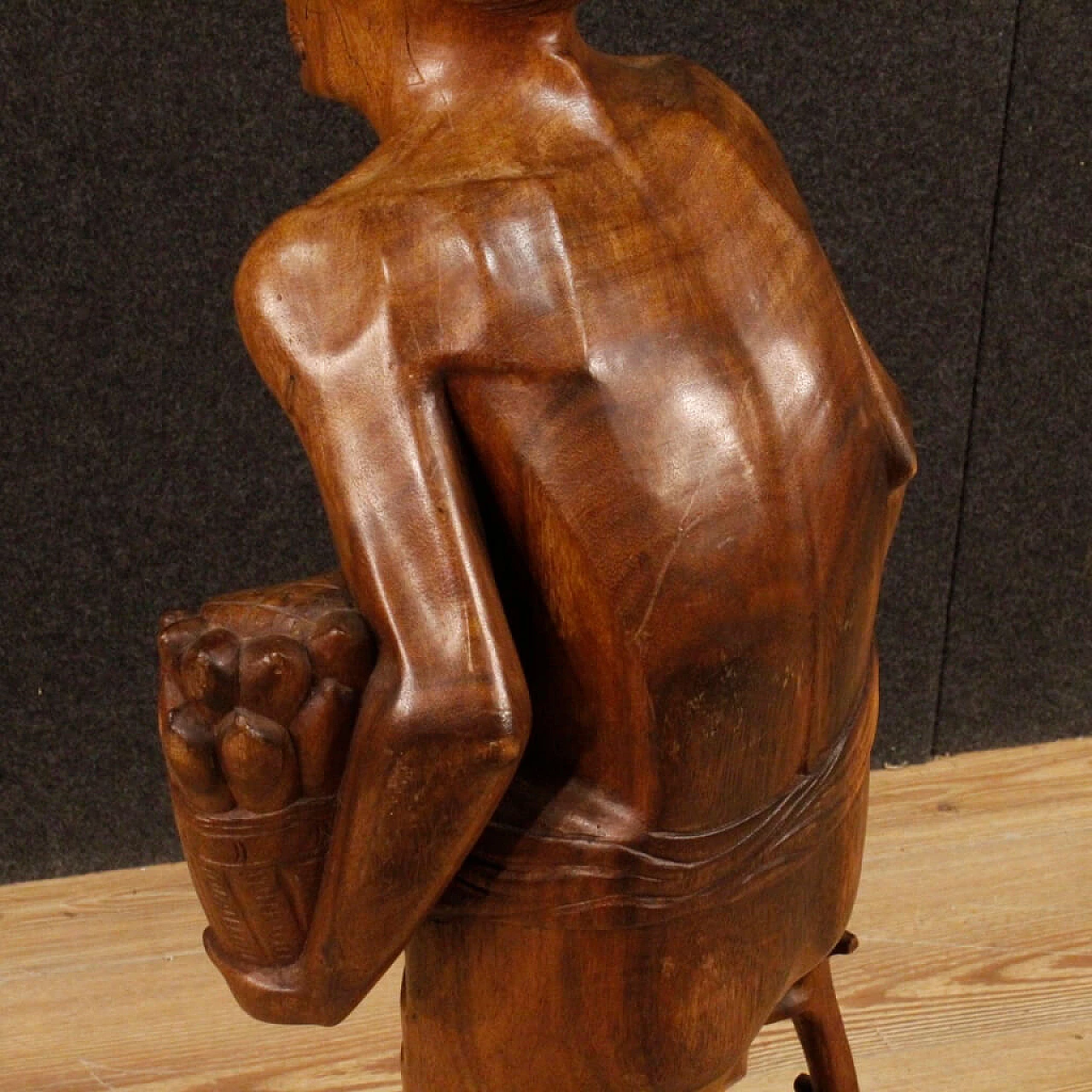Indian exotic wood carving of character with stick, 1960s 4