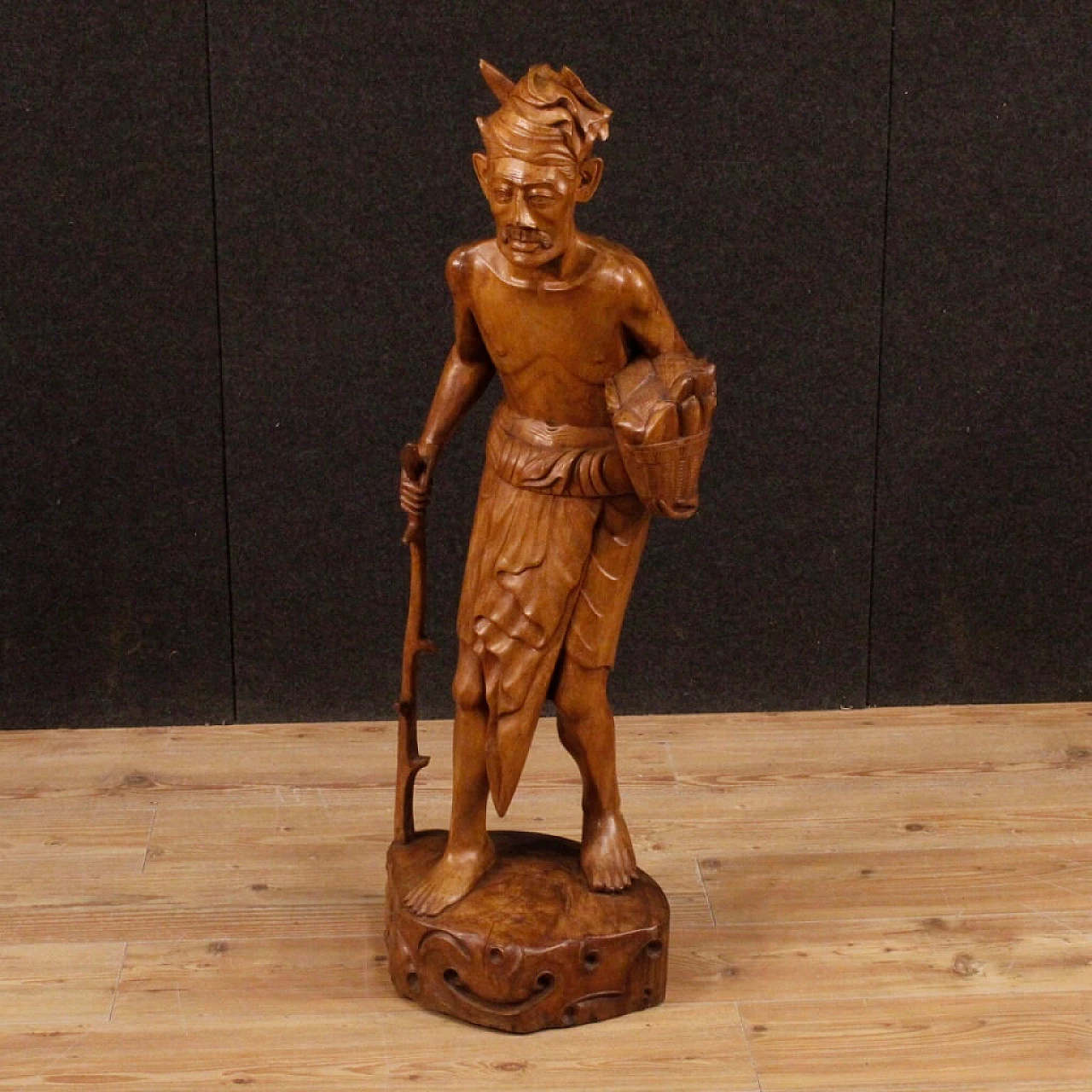 Indian exotic wood carving of character with stick, 1960s 5