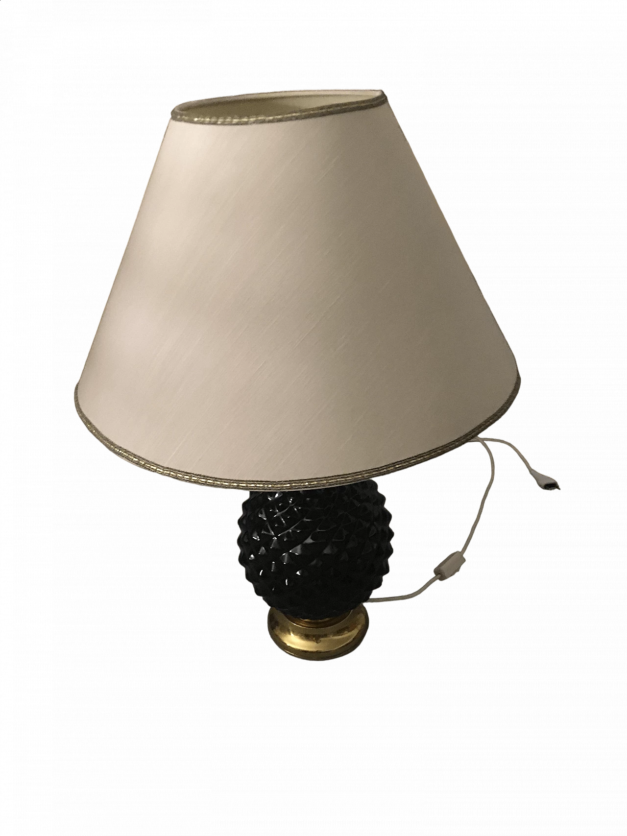 Table lamp with ceramic base with brass petals and fabric shade, 1980s 5