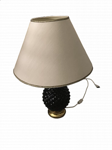 Table lamp with ceramic base with brass petals and fabric shade, 1980s