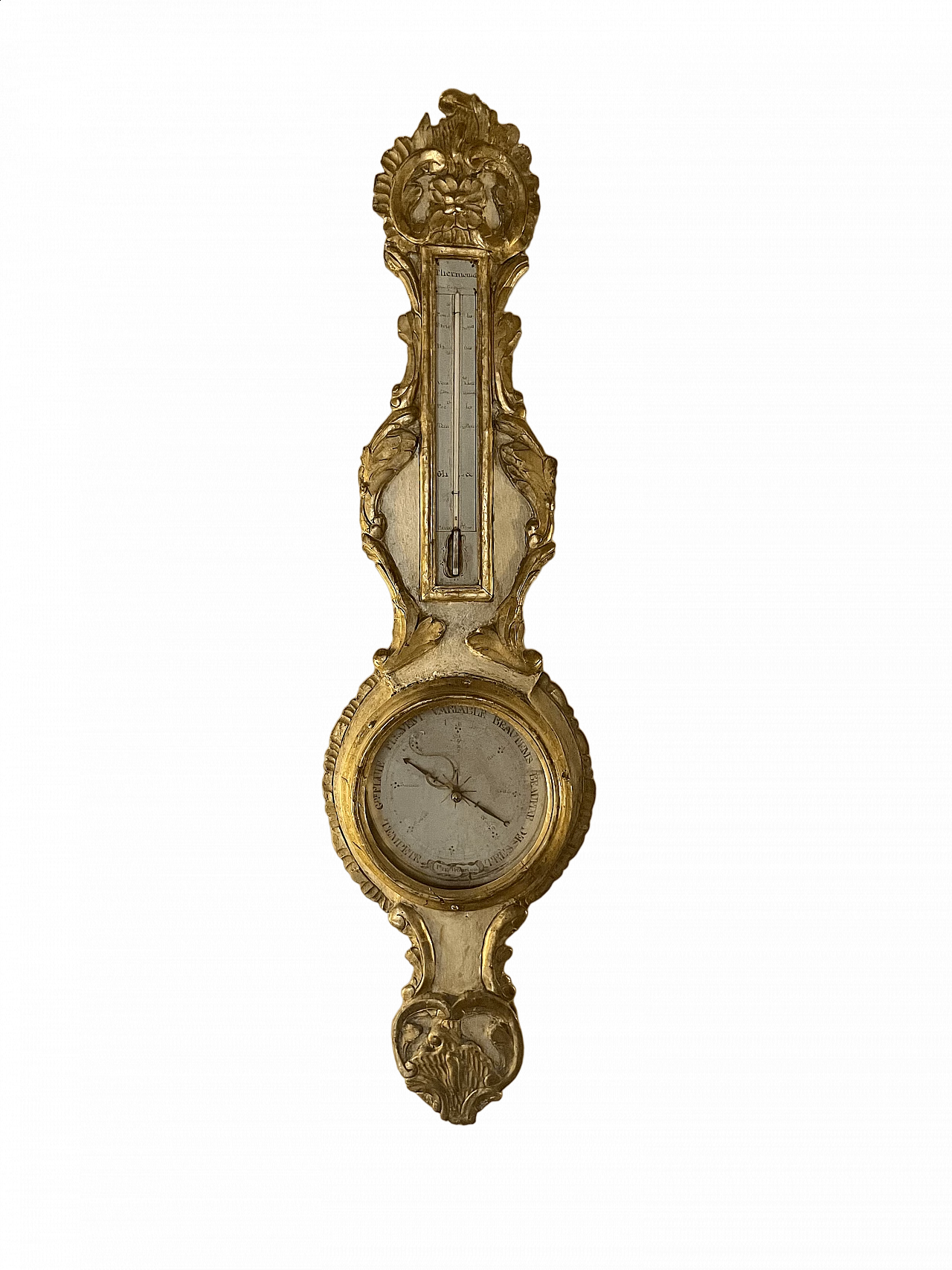 Gilded and painted wooden barometer with thermometer, 18th century 16