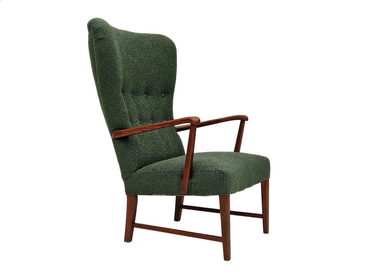 Danish high-backed armchair in stained oak and bottle-green fabric, 1960s 19