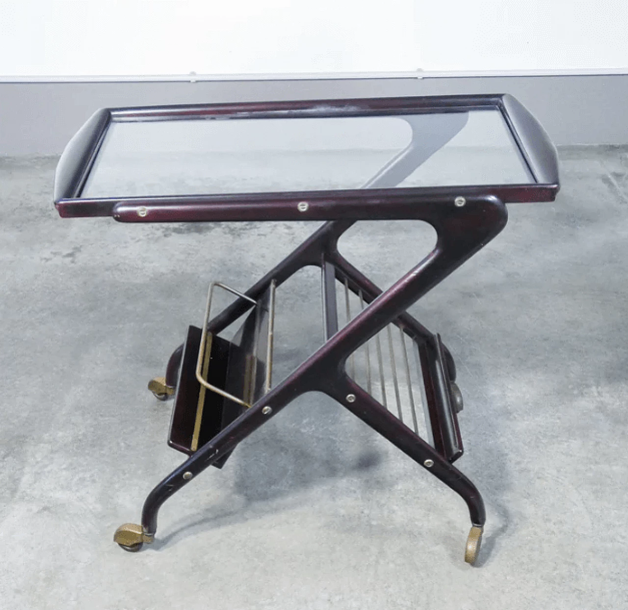Lacquered mahogany, brass and glass cart attributed to Cesare Lacca, 1950s 10