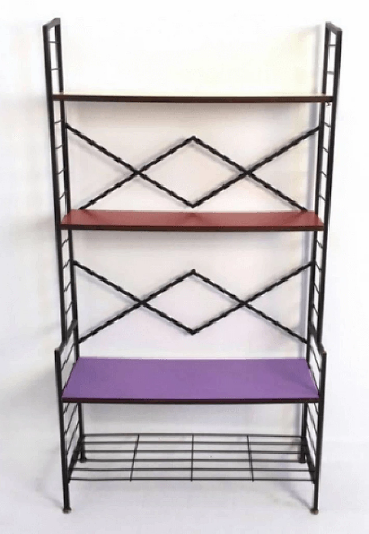 Iron bookcase with wood and colored formica shelves, 1960s 2