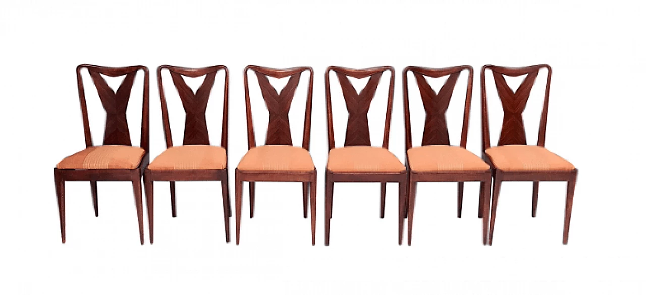 6 Chairs in walnut and orange satin in the style of Ico Parisi, 1950s 1