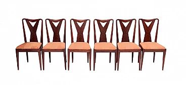6 Chairs in walnut and orange satin in the style of Ico Parisi, 1950s